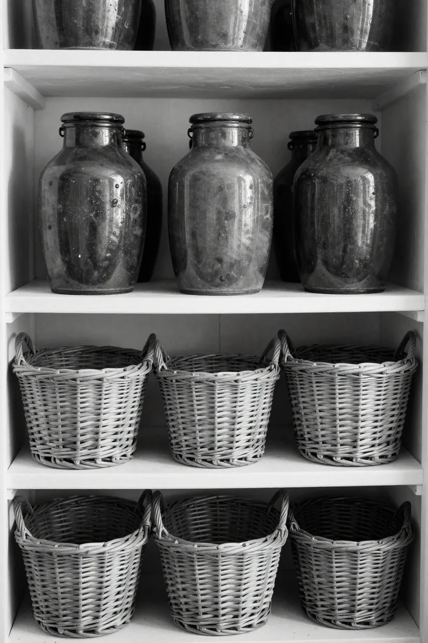 Black and white view of a pantry cabinet holding old glass jars and woven wicker baskets on stacked shelves