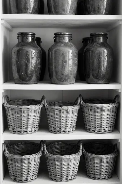 Black and white view of a pantry cabinet holding old glass jars and woven wicker baskets on stacked shelves