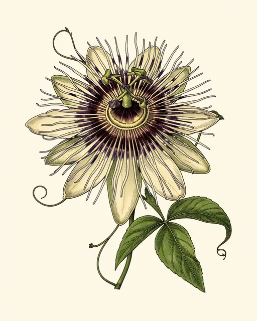 Detailed vintage botanical illustration of a passionflower with fringed crown, tendrils and leaves on cream paper