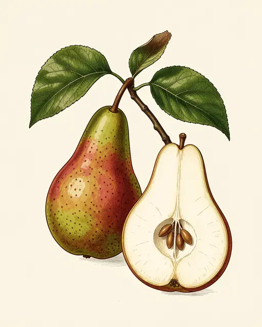 Botanical illustration showing a whole pear on leafy branch next to a halved pear with visible seeds on cream background