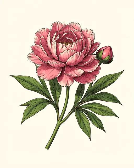Detailed vintage style illustration of a pink peony, unopened bud and green leaves on a cream background