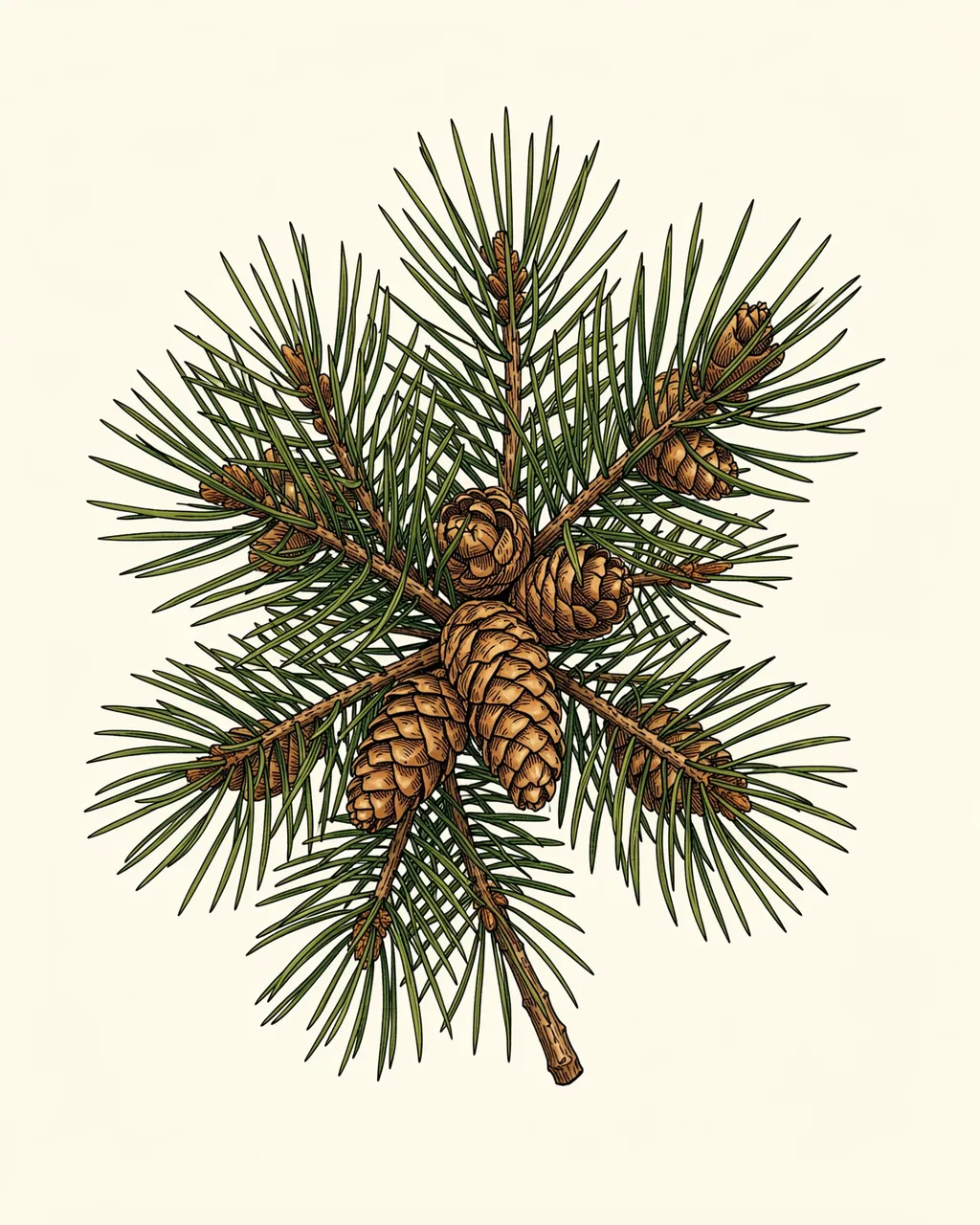 Detailed botanical illustration of a pine branch with needles and mature cones on a cream background