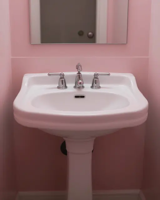 White vintage pedestal sink with chrome faucets sits against soft pink bathroom walls below a wall mirror