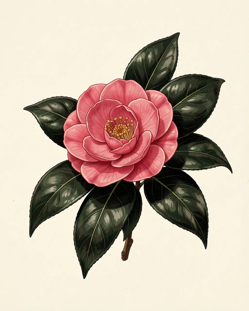 Detailed vintage botanical illustration of a pink camellia bloom with glossy dark green leaves on cream paper