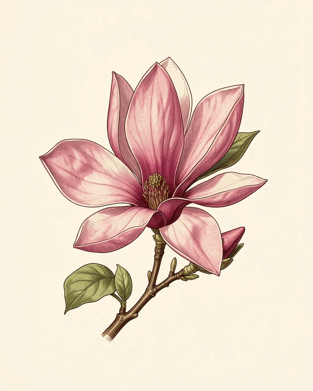 Vintage botanical illustration of an open pink magnolia bloom, unopened bud, and leaves on cream paper