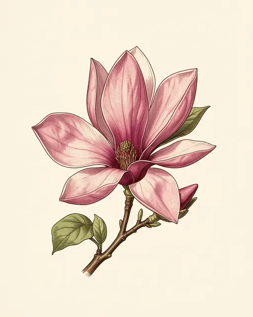 Vintage botanical illustration of an open pink magnolia bloom, unopened bud, and leaves on cream paper