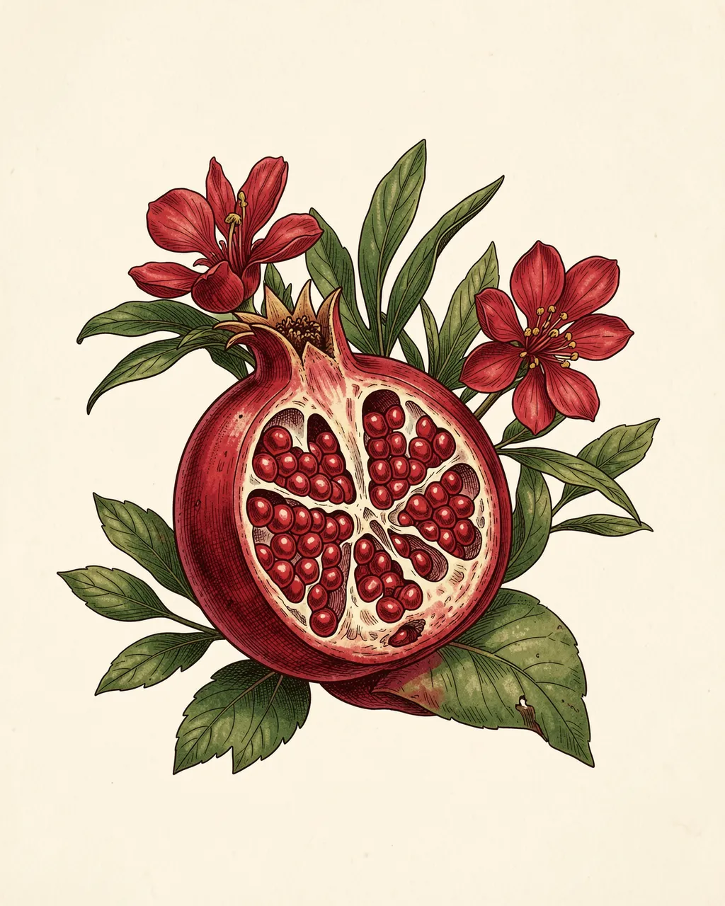 Vintage style botanical illustration of a split pomegranate with red flowers and green leaves on cream paper