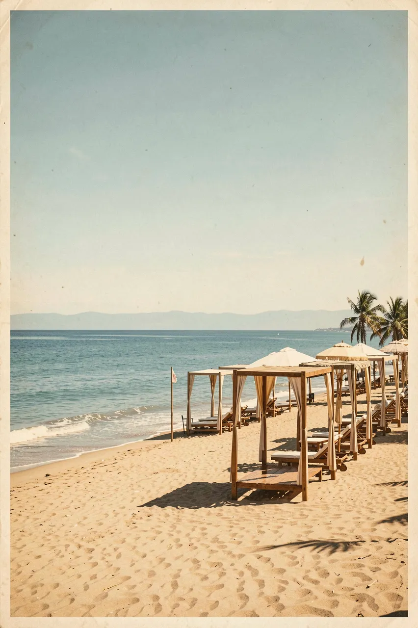 Vintage styled view of a quiet sandy beach with a row of cabanas beside calm blue sea and palm trees