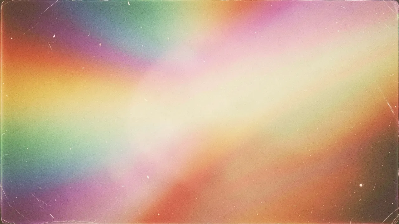 Soft blurred rainbow gradient light leak with visible old film scratches and faded vintage texture