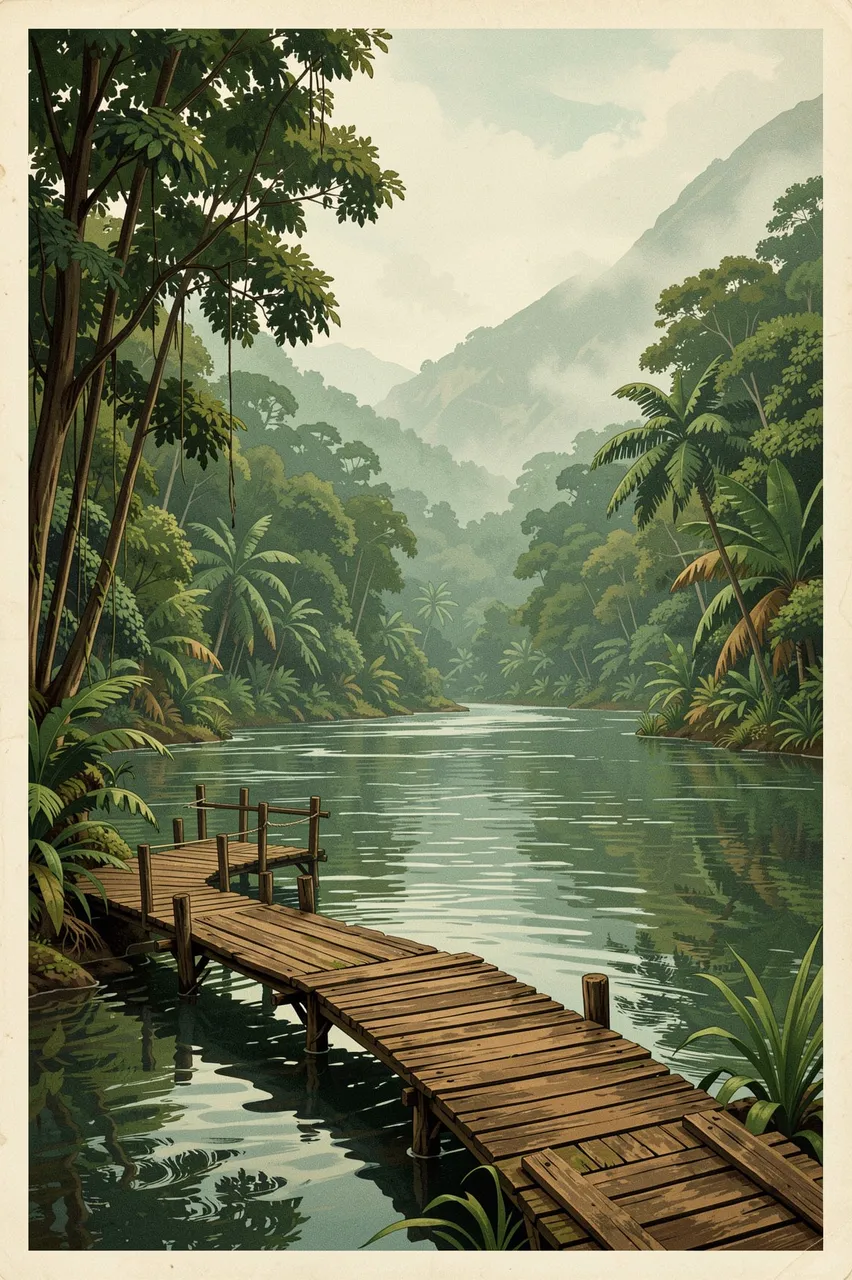 Vintage illustrated travel print of a wooden jetty extending over a calm rainforest river, with misty green hills in the