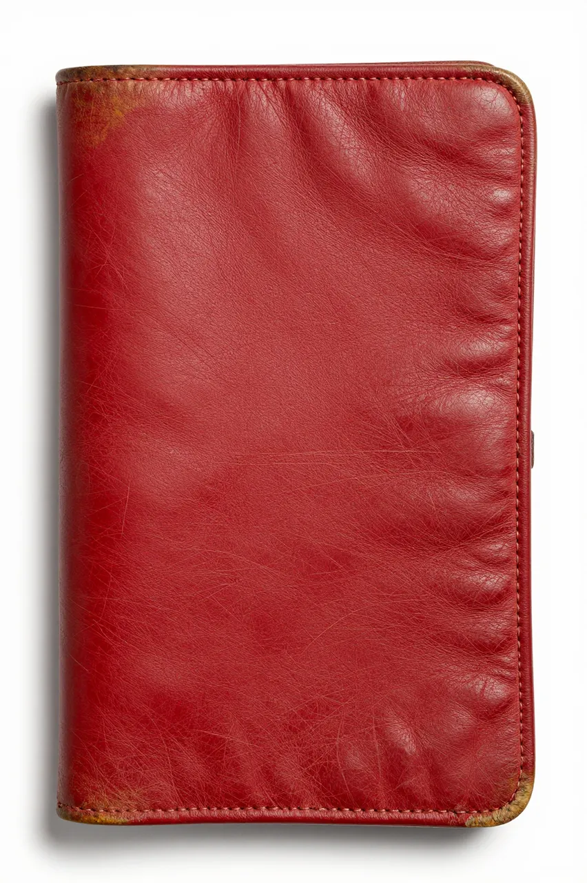 A worn vintage red leather wallet rests against a plain white background with soft flat lighting.