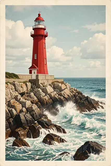 Vintage illustrated red lighthouse standing on a rocky shore with crashing ocean surf under a cloudy sky