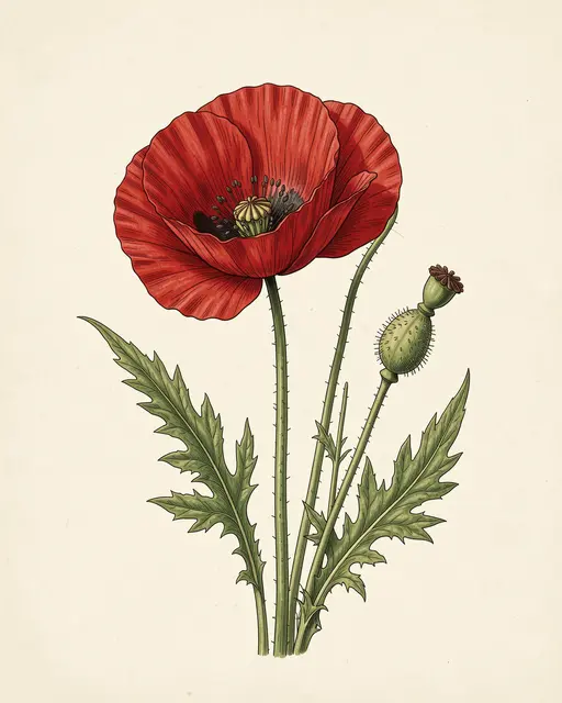 Detailed vintage botanical drawing of a red poppy flower, seed capsule, and green foliage on cream paper