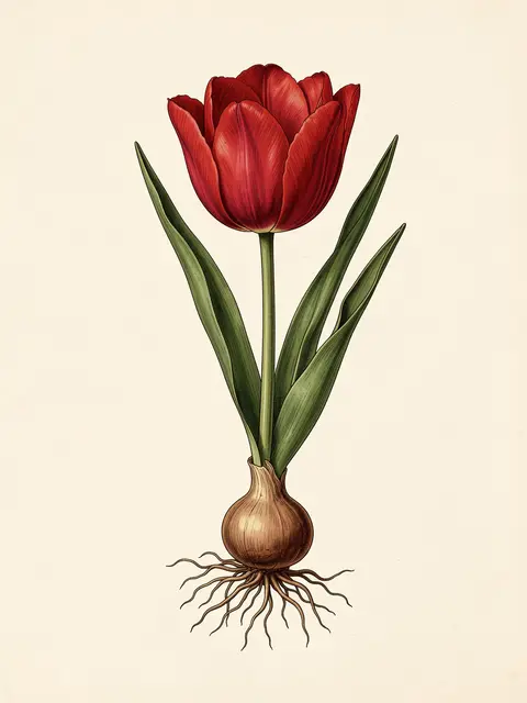 Detailed vintage illustration of a red tulip with bulb and roots on cream paper