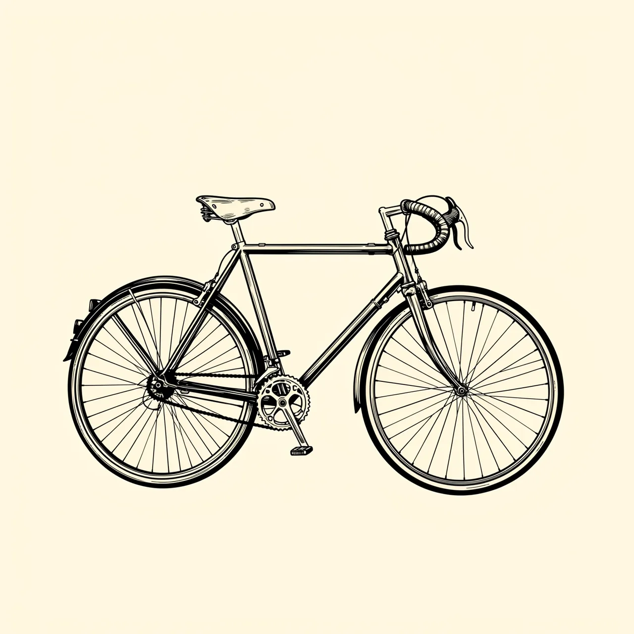 Clean black ink line illustration of a vintage road bicycle set against a solid cream background
