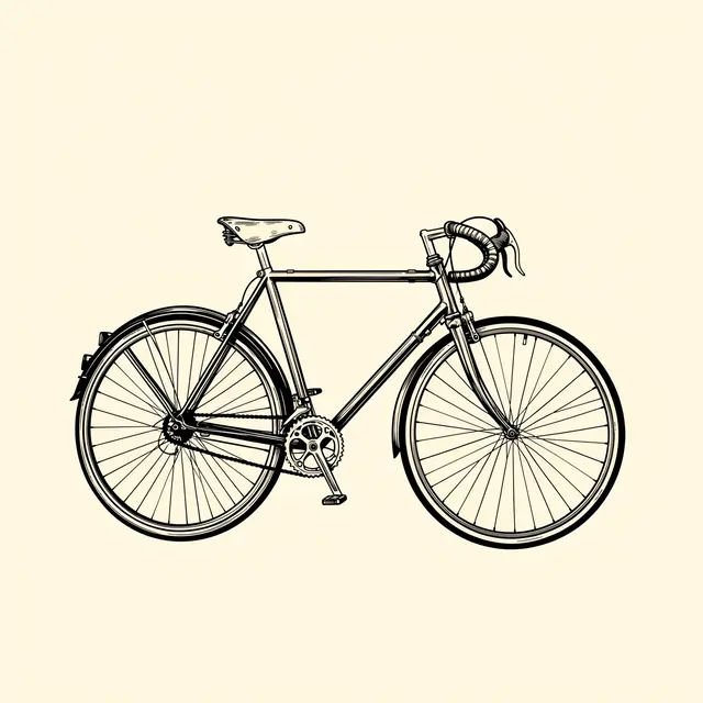 Clean black ink line illustration of a vintage road bicycle set against a solid cream background