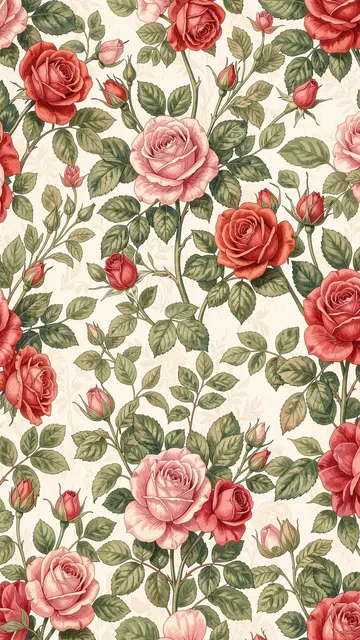 Seamless vertical vintage illustration of pink and red roses with green leaves on a soft cream background