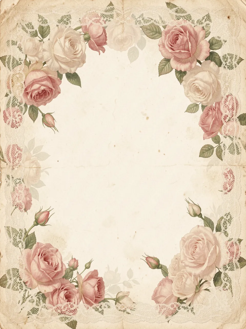 Aged cream paper bordered by faded pink and white roses and delicate lace framing an empty blank center