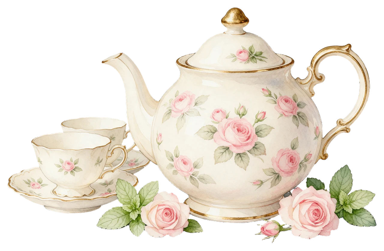 Watercolor illustration of a vintage porcelain teapot, matching teacups, and loose pink roses with mint leaves