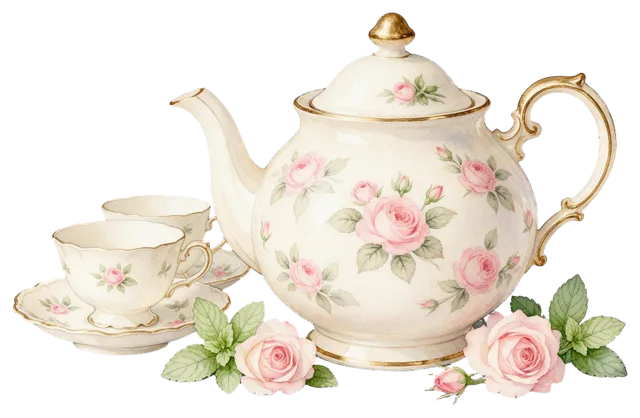Watercolor illustration of a vintage porcelain teapot, matching teacups, and loose pink roses with mint leaves