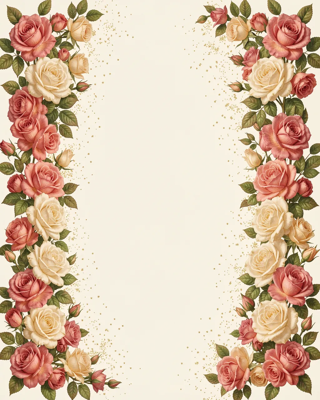 Trailing pink and cream rose frames line both sides of an empty ivory background with faint gold specks.