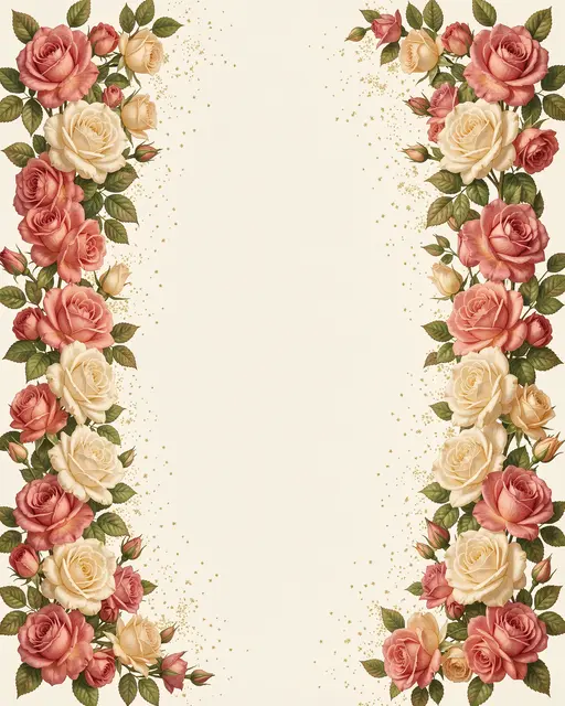 Trailing pink and cream rose frames line both sides of an empty ivory background with faint gold specks.