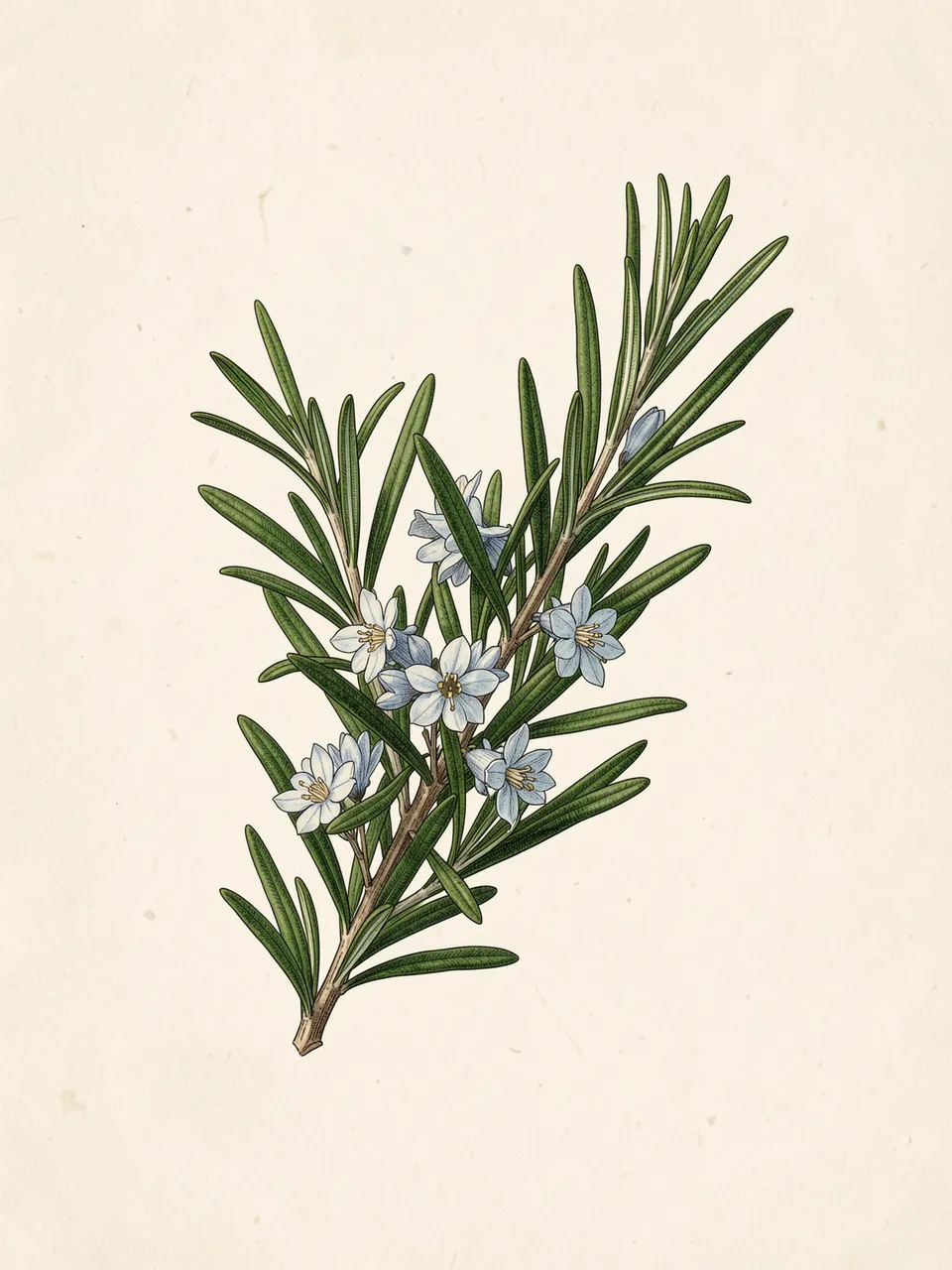 Botanical illustration of a rosemary sprig with pale blue flowers on aged cream paper