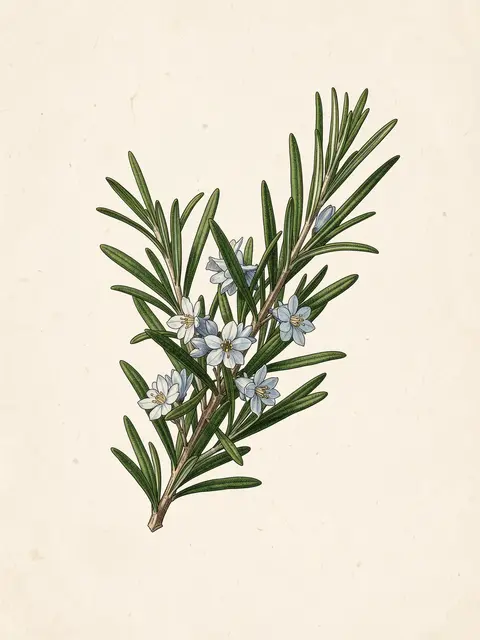 Botanical illustration of a rosemary sprig with pale blue flowers on aged cream paper