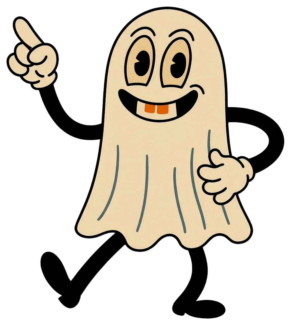 A cheerful 1930s rubber-hose cartoon ghost dances with one arm pointing up and one hand on its hip