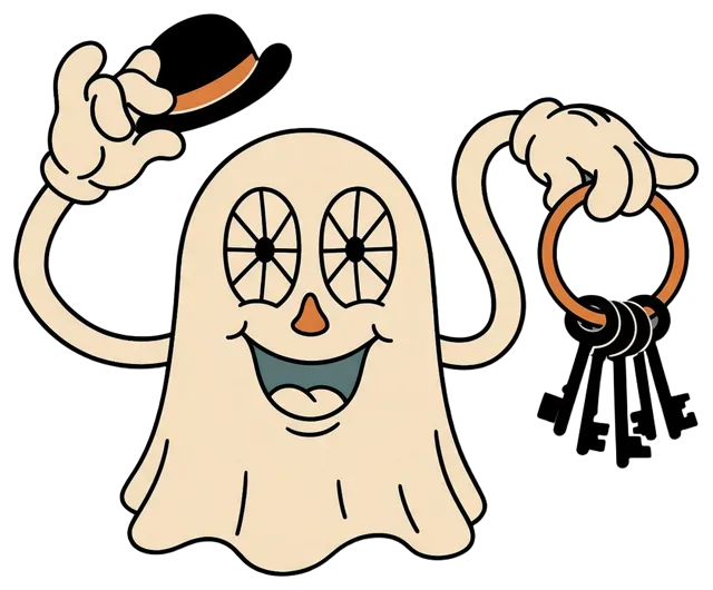 1930s style cartoon ghost tipping a bowler hat while holding a ring of old keys