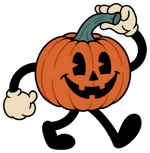 Cartoon jack-o'-lantern mascot tips its stem hat while strolling cheerfully