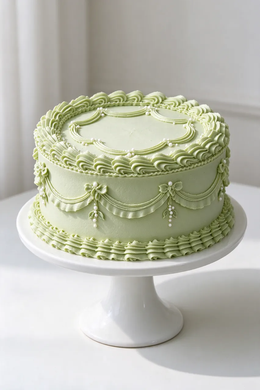 Decorated pale sage vintage buttercream cake sits on a white pedestal cake stand
