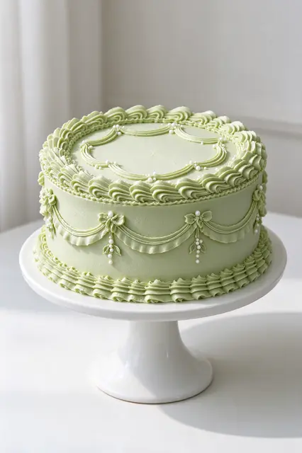 Decorated pale sage vintage buttercream cake sits on a white pedestal cake stand