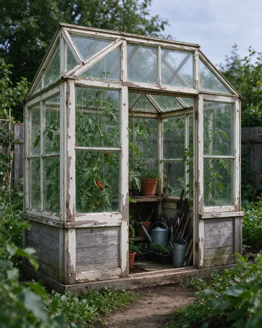 Weathered salvaged window greenhouse with peeling white paint sits in a leafy backyard garden