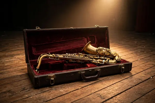 A worn brass saxophone rests inside its open velvet-lined case on a wooden stage under warm spotlight