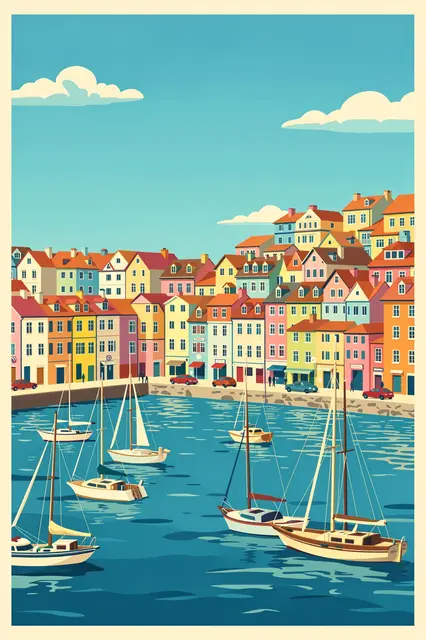 Flat illustration of a pastel hillside harbor town with sailboats anchored on bright blue water under a sunny sky