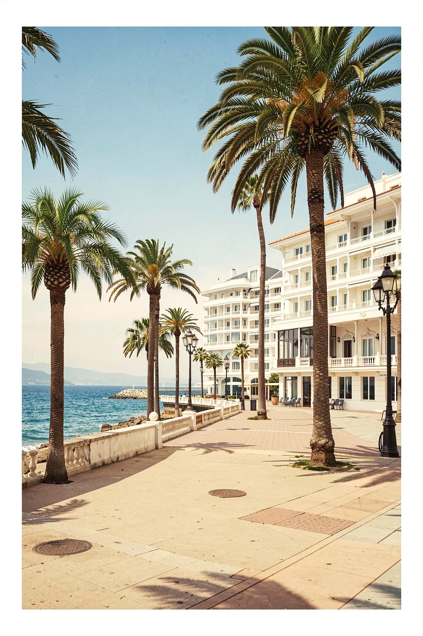 Empty paved seaside promenade lined with palm trees beside a grand white hotel overlooking the blue ocean
