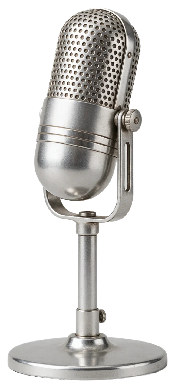 A classic vintage silver stage microphone mounted on a short metal stand