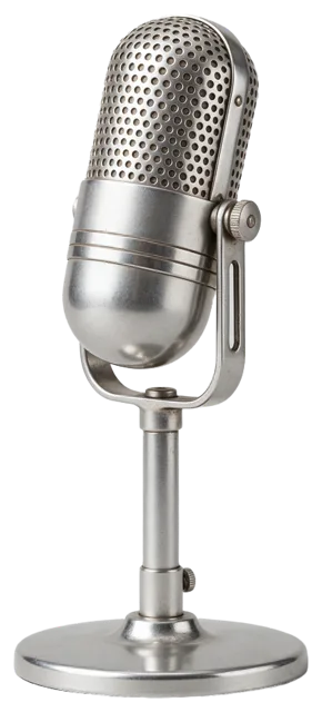 A classic vintage silver stage microphone mounted on a short metal stand
