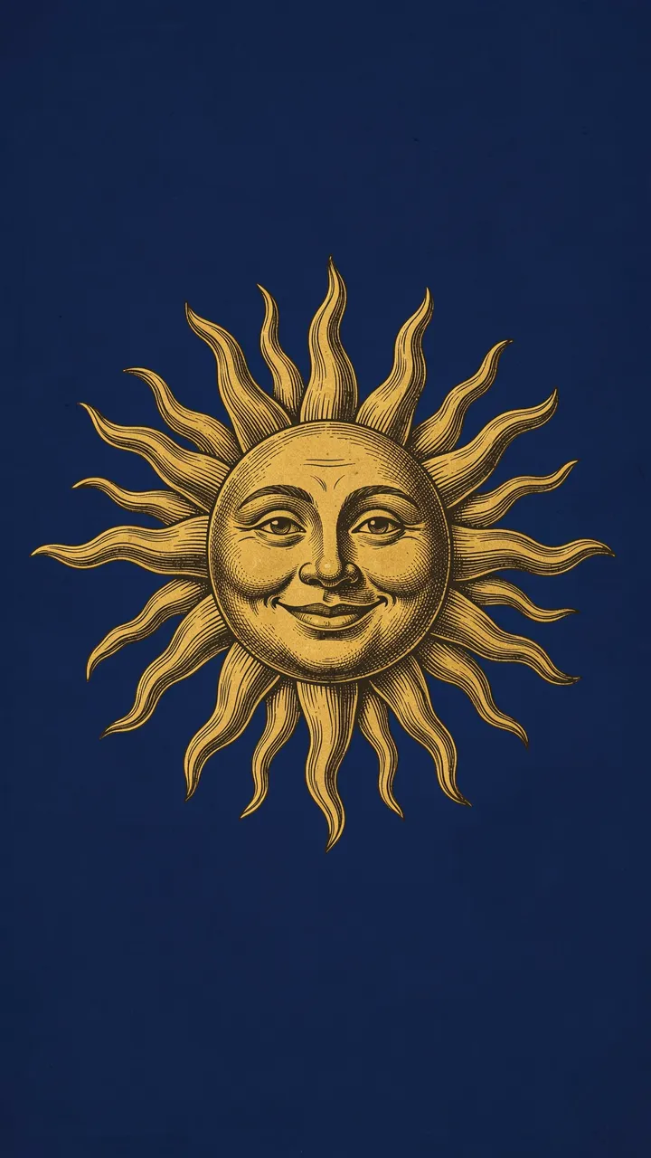 A vintage engraved smiling golden sun with wavy rays centered on a solid midnight blue background
