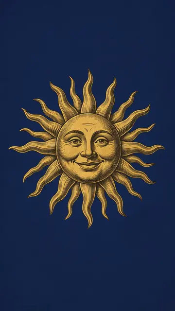 A vintage engraved smiling golden sun with wavy rays centered on a solid midnight blue background