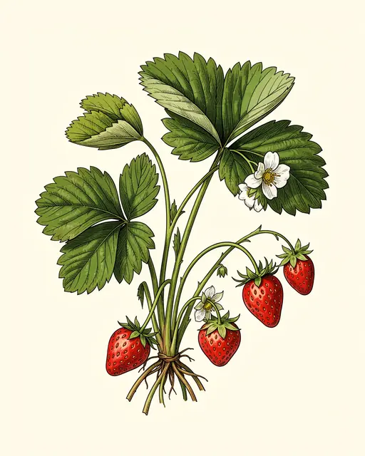 Vintage botanical drawing of a strawberry plant with leaves, white flowers and ripe red berries on cream paper