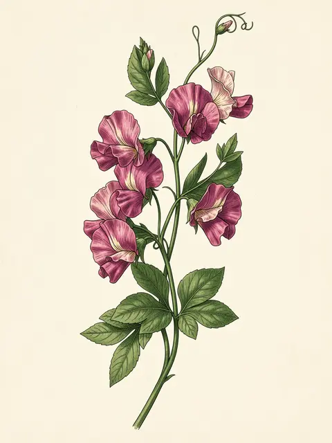 Detailed vintage style illustration of a sweet pea vine with ruffled pink blooms on cream paper