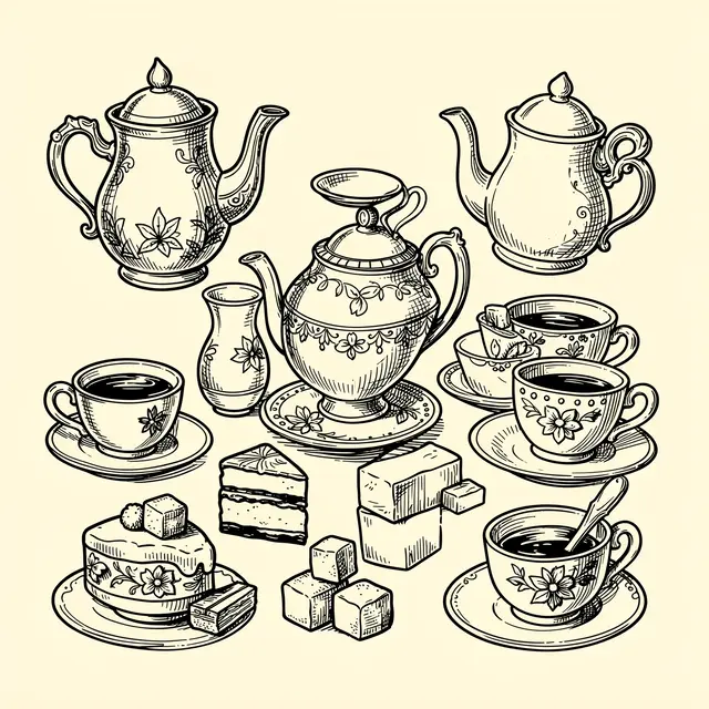 Black ink line art doodle of teapots, teacups, cakes and sugar cubes on a warm cream background