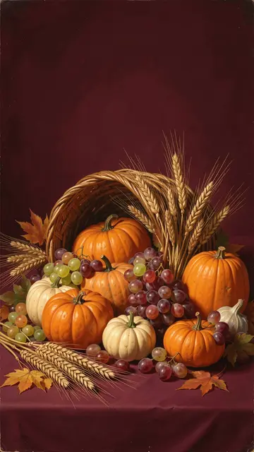 A vintage painted cornucopia overflowing with pumpkins, grapes and wheat on a deep burgundy background