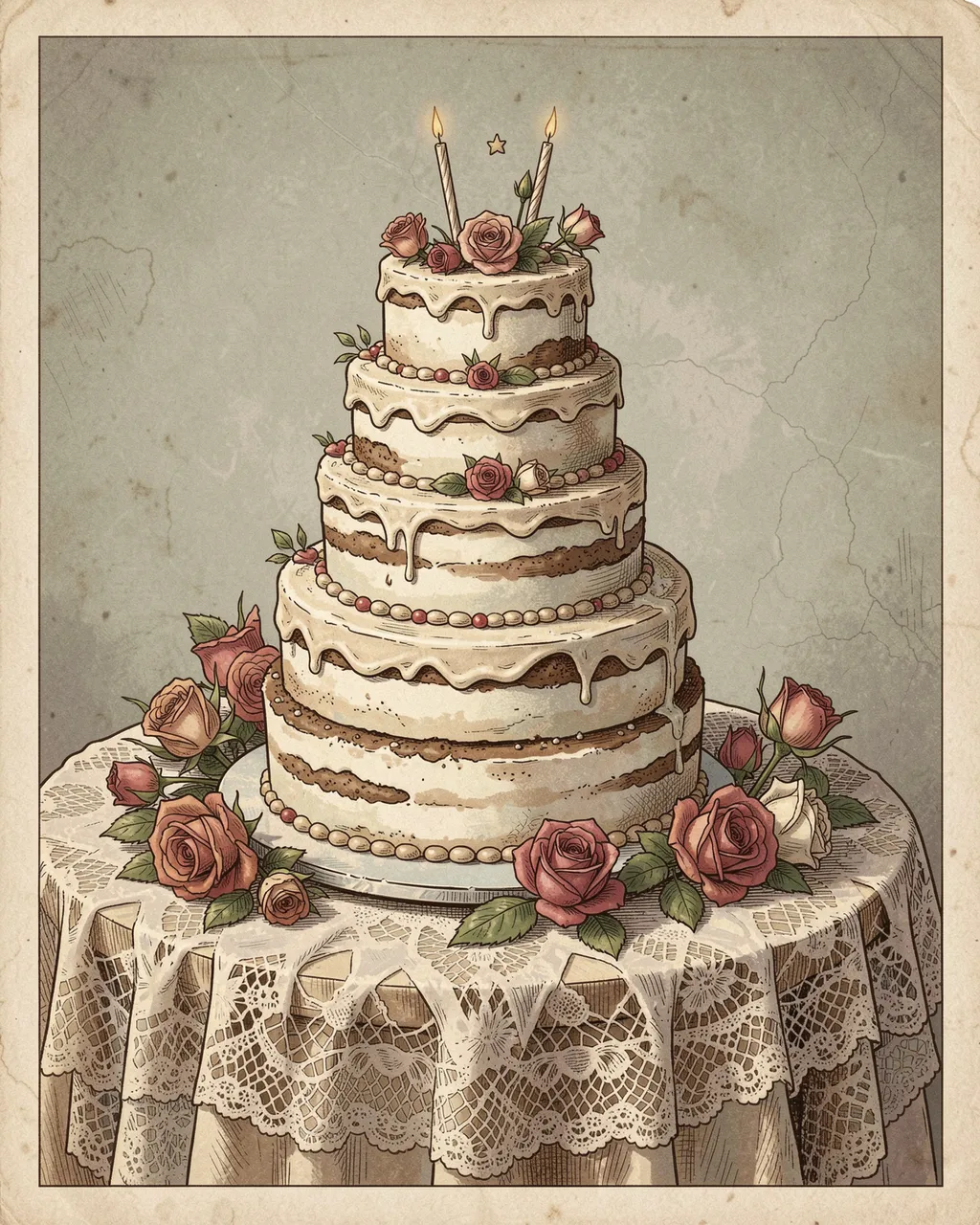 Vintage storybook illustration of a five tiered birthday cake with roses on a lace tablecloth