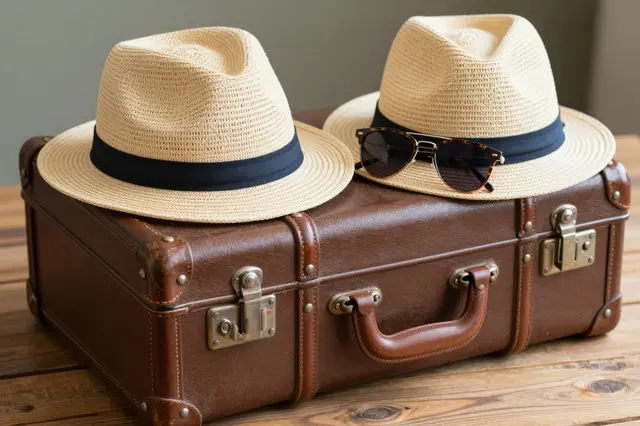 Two straw fedoras and tortoiseshell sunglasses rest on a brown leather vintage suitcase atop a wooden table