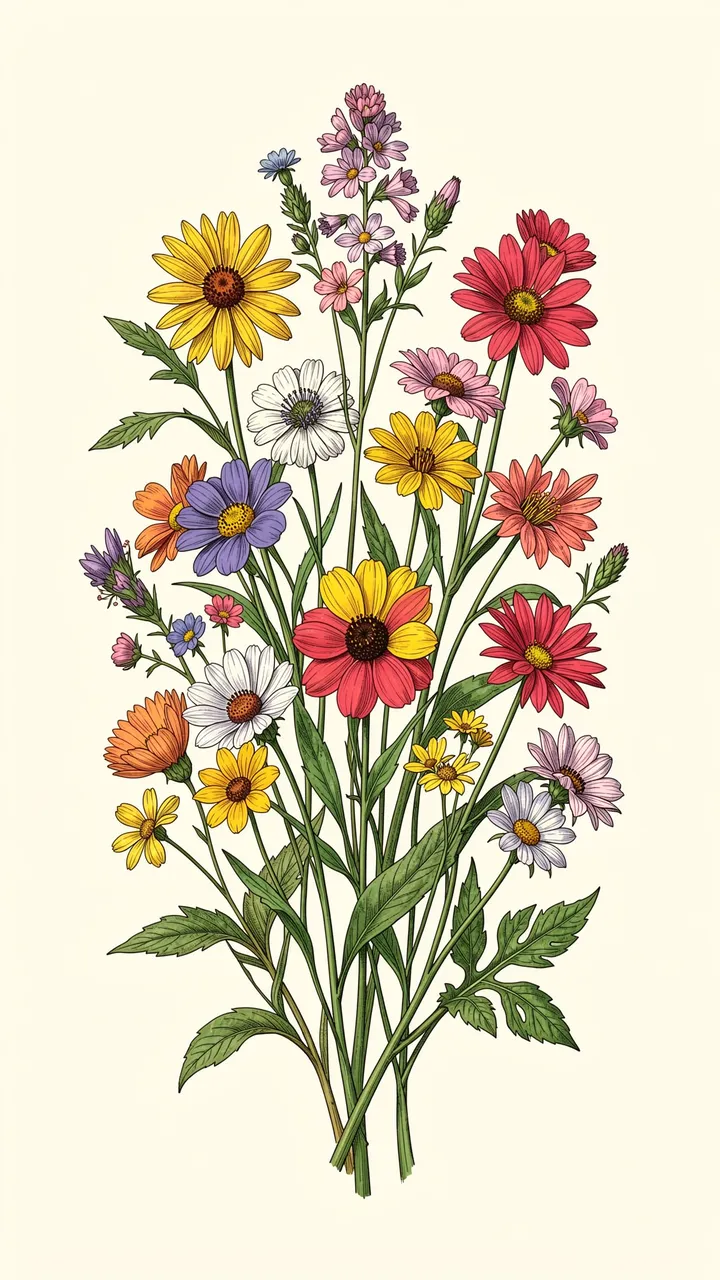 A detailed vintage-style illustrated bouquet of mixed wildflowers arranged on a soft cream background