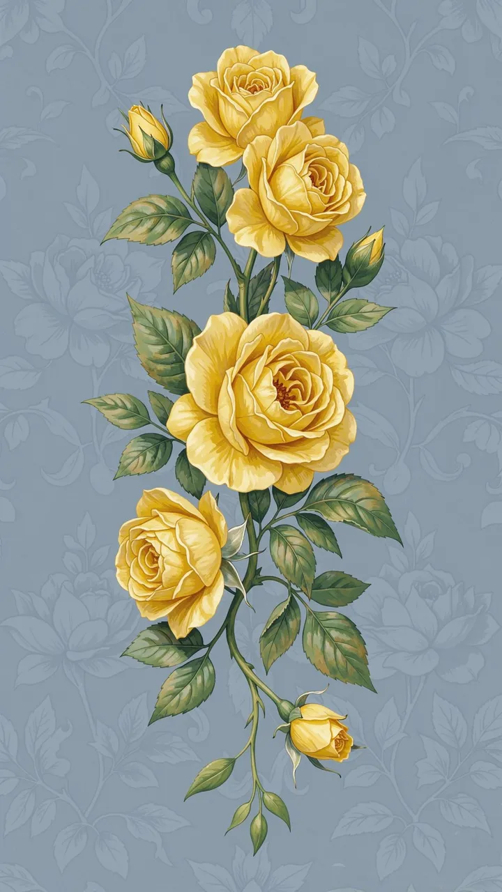 Hand-painted yellow rose cluster with green leaves arranged vertically on a muted dusty blue patterned background