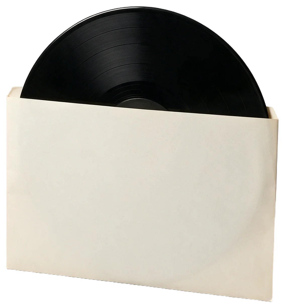 A black vinyl record sits partially pulled out of a plain cream paper sleeve